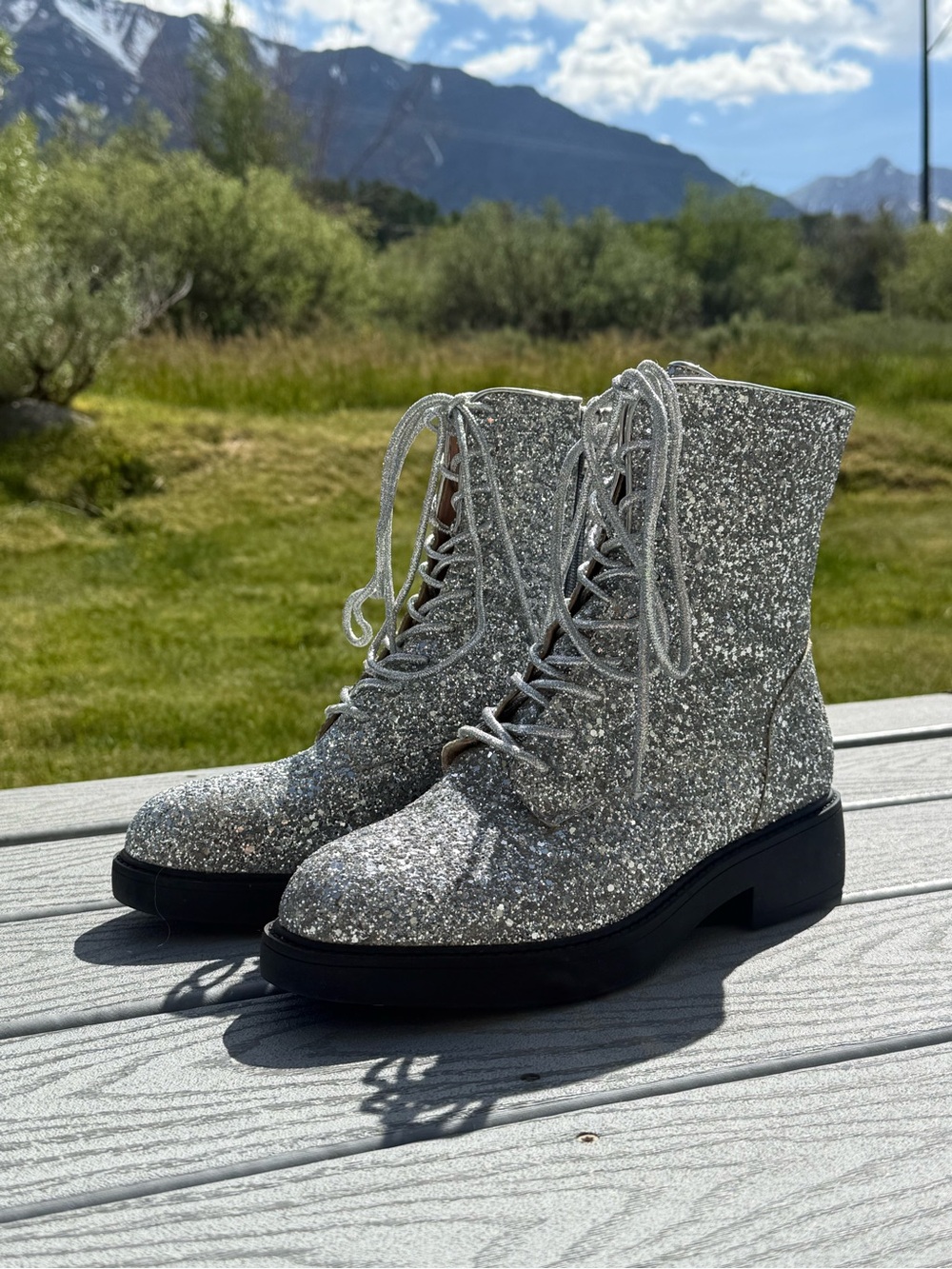 Brand New Silver Glitter Lace-Up Women's Combat Boots